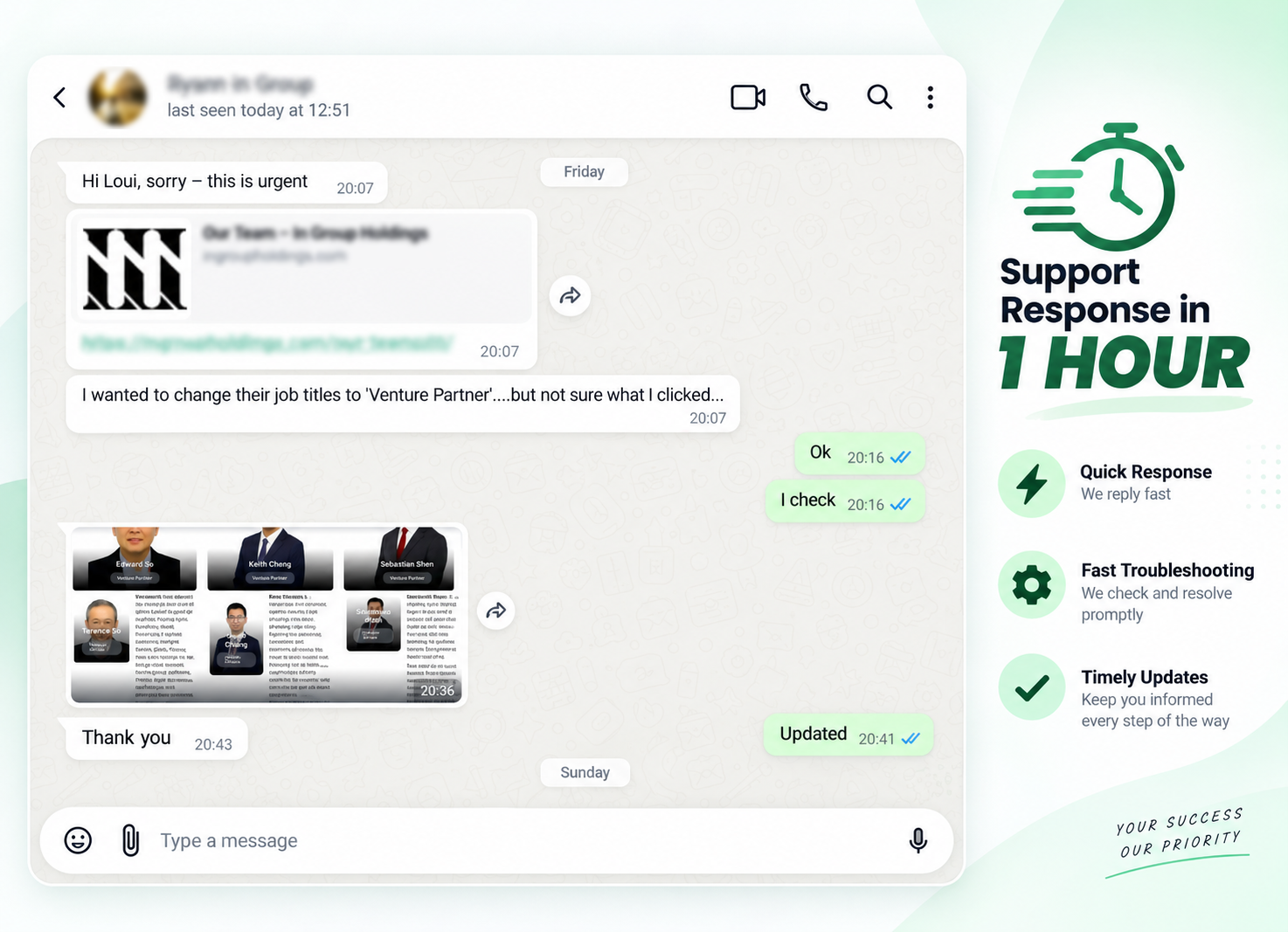 Urgent Change Handled Same Evening — client WhatsApp conversation